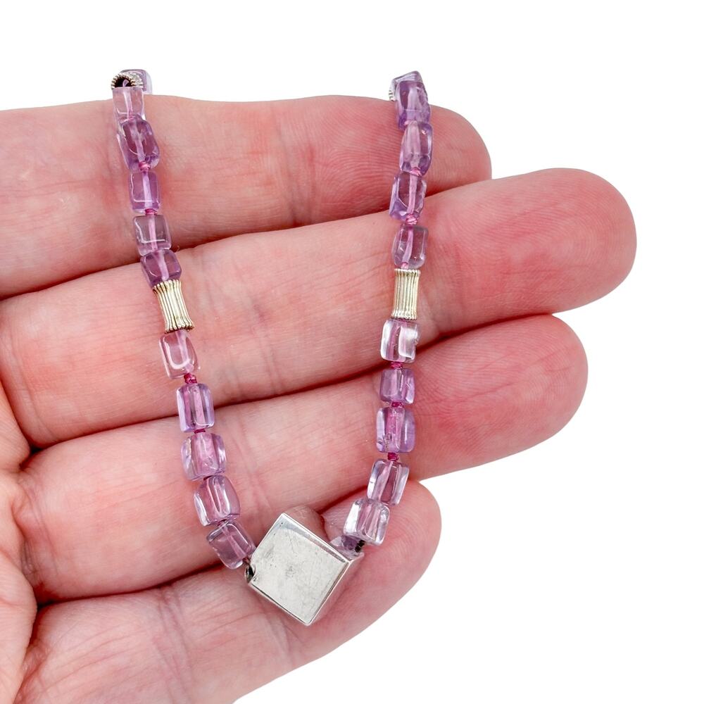 Vintage Sterling Silver 925 Amethyst & Cube Beaded Necklace 21"